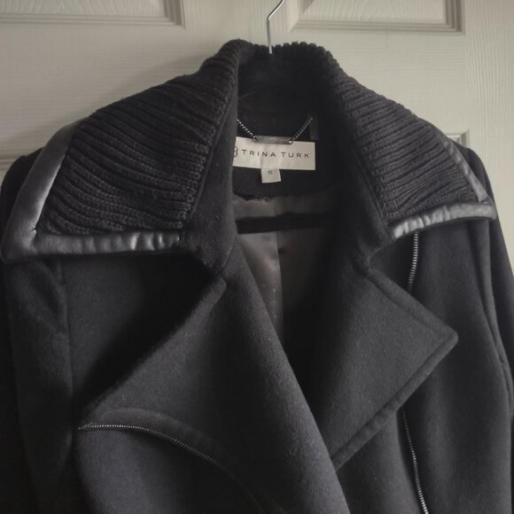 Trina Turk wool moto winter coat - faux leather - sweater trim - EUC - size 10 - Picture 2 of 8